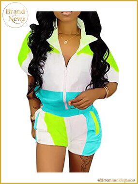 Raboolion Women's Color Block 2-Piece Tracksuit Set Crop Top Shorts
